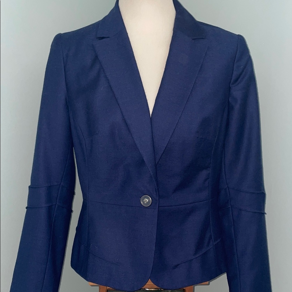 J G Hook Vintage Wool Lined Navy Blue Women's Blazer. Size 12. Tailored Waist.